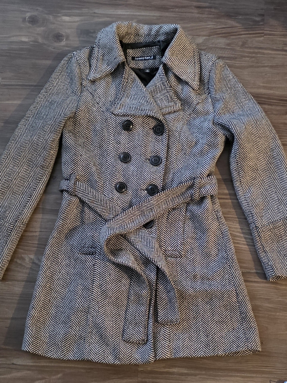 Womens Black and White Herringbone Belted Trench Coat Sz Small